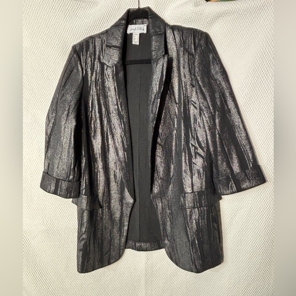 Joseph Ribkoff Sz 10 Metallic Pattern Shimmery Black Open-Front Blazer Unlined